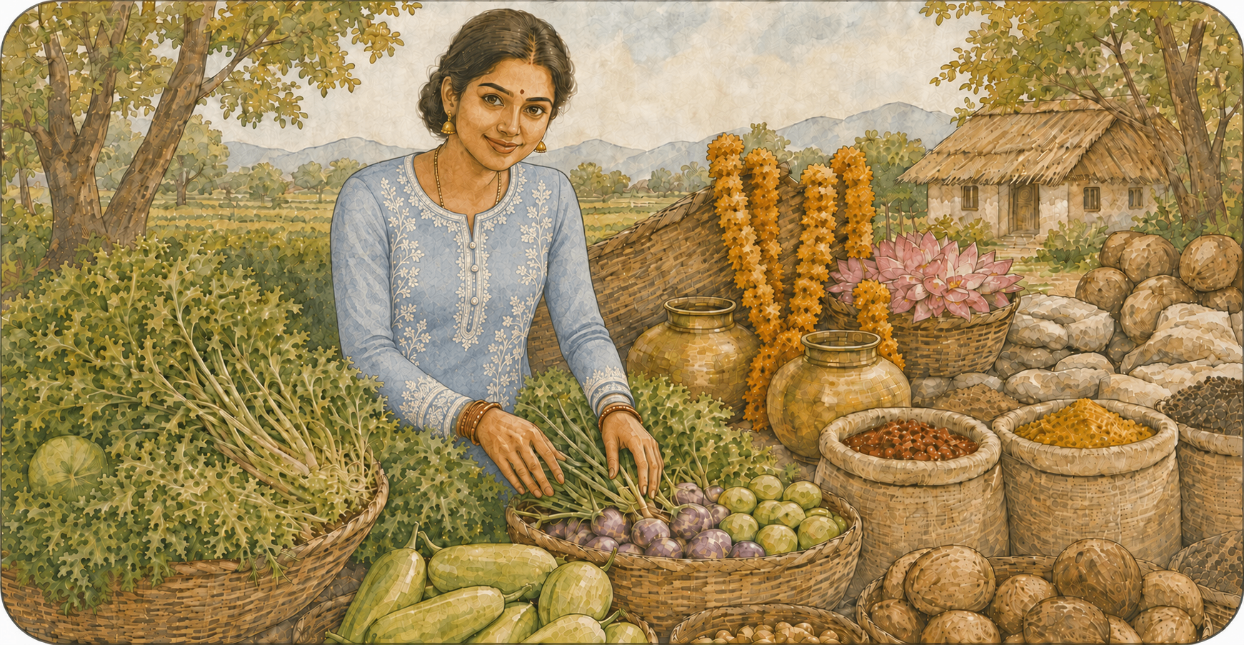 Illustrated Indian village market with a vendor arranging baskets of fresh vegetables, fruits and spices